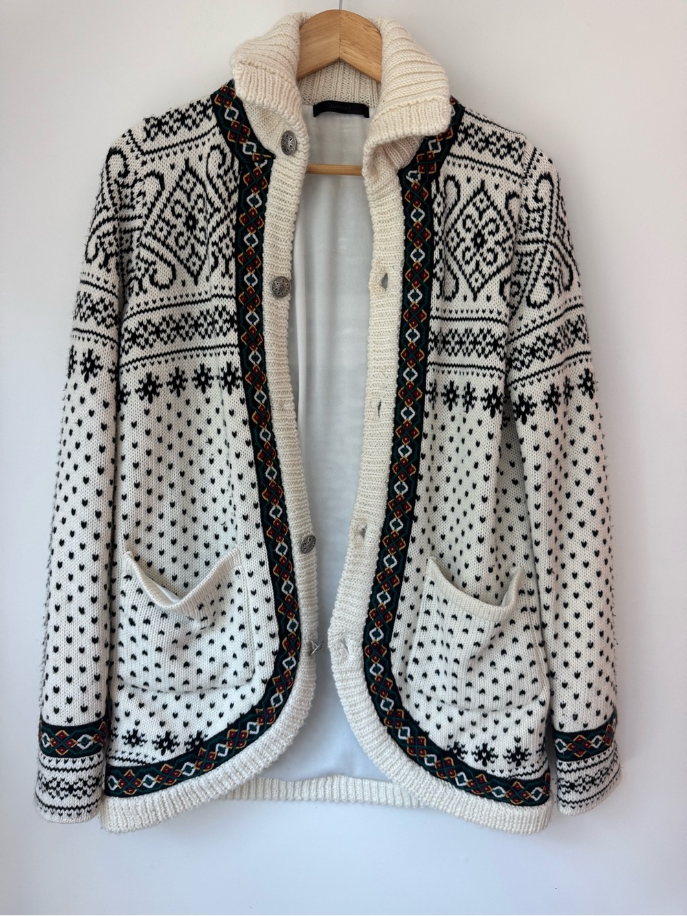 MOUSSY Vintage Style Nordic Fair Isle Lined Cardigan Sweater Cream Black S/M